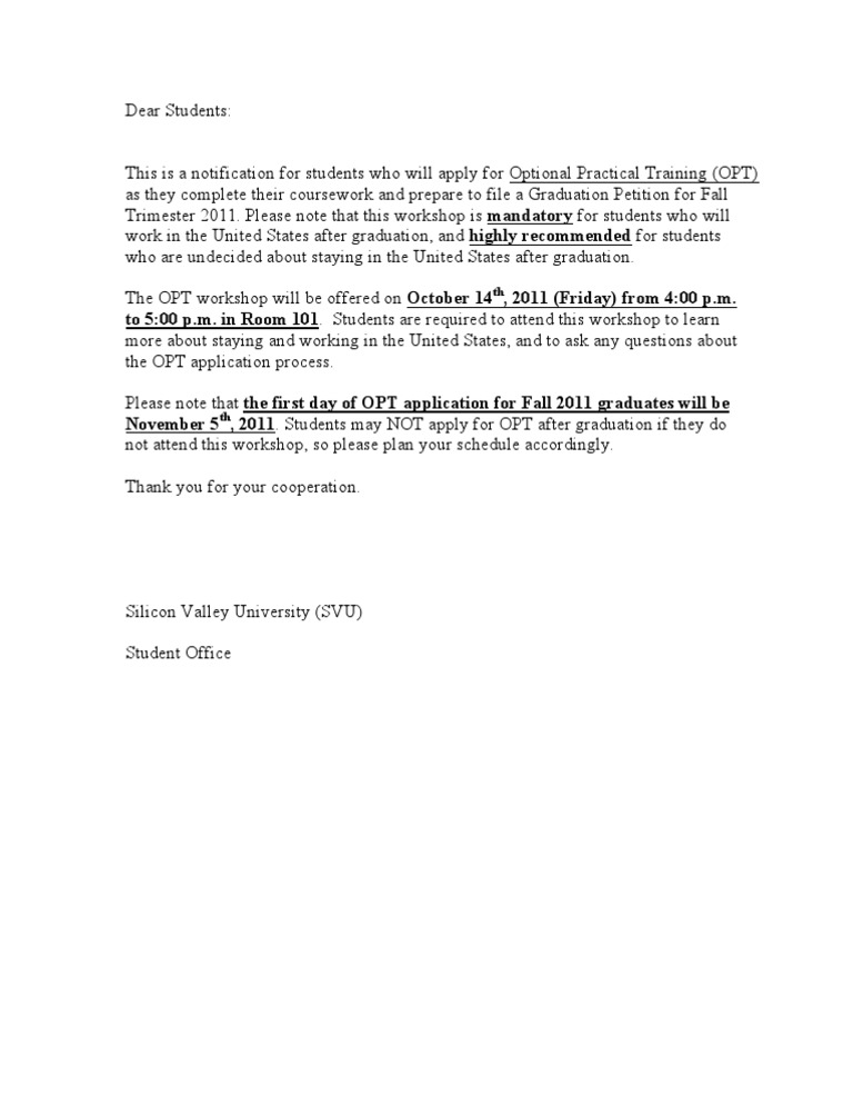 OPT Workshop Notification for Fall 2011 | PDF