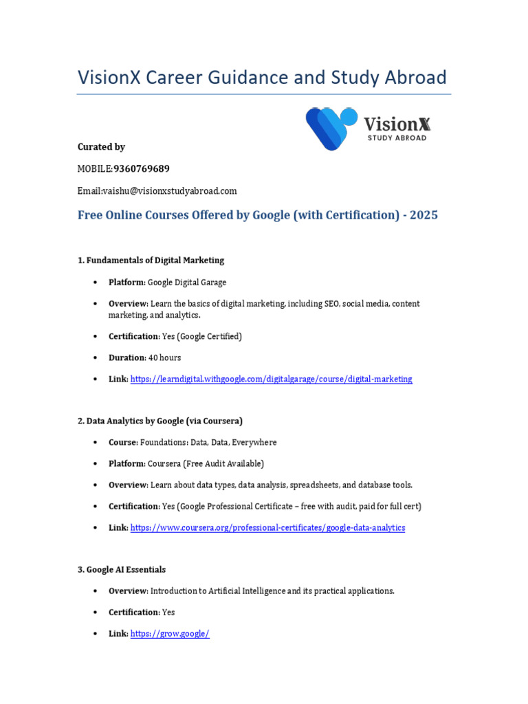 Free Google Courses with Certification 2025 | PDF