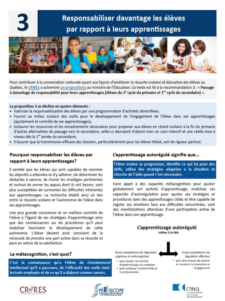 Responsabilisation des élèves en apprentissage | PDF | Métacognition ...