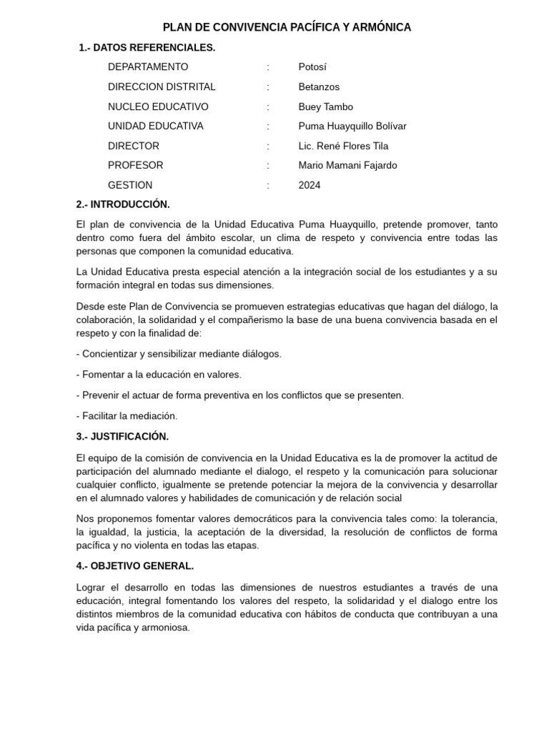 Plan de Convivencia 2024 81460011 | PDF | Comportamiento | Maestros