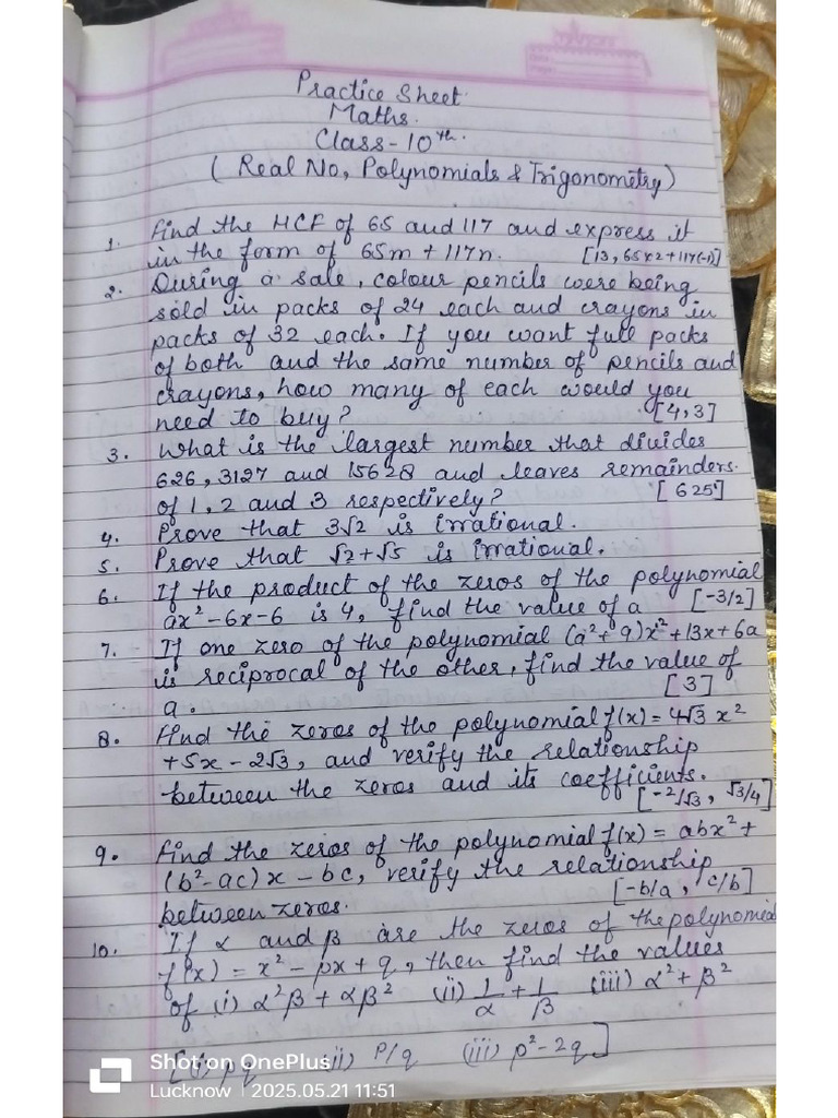 Practice Sheet Class 10 Maths | PDF