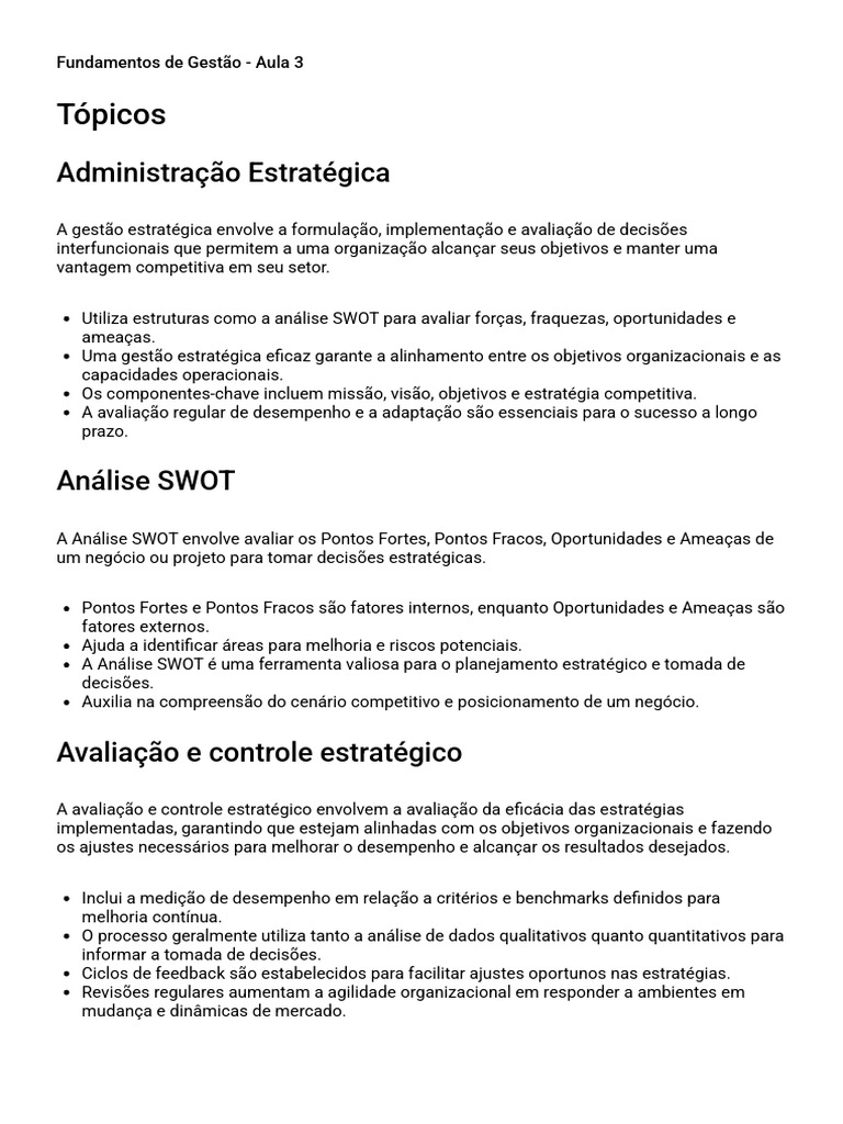 Fundamentos da Gestão Estratégica | PDF | Planejamento | Análise SWOT