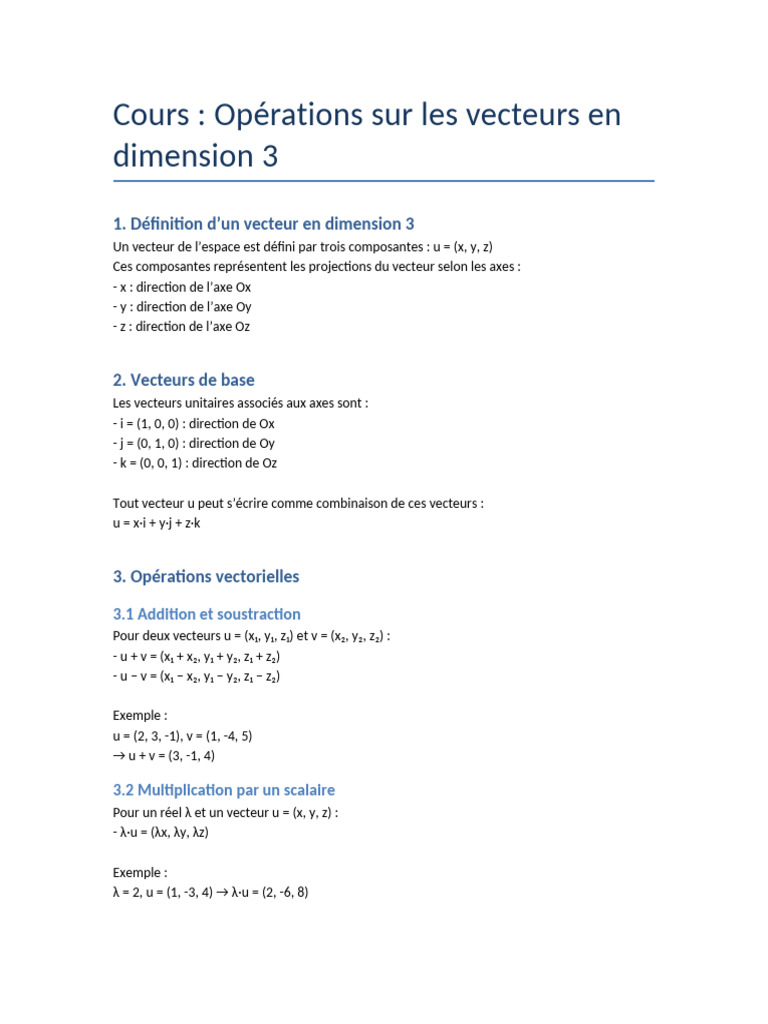 Opérations sur les vecteurs en 3D | PDF