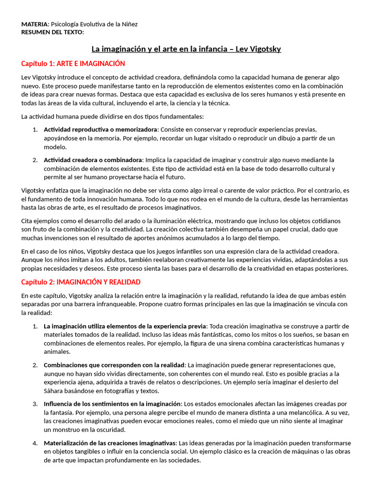 Resumen La Imaginacion y El Arte en La Infancia. Vigotsky | PDF ...