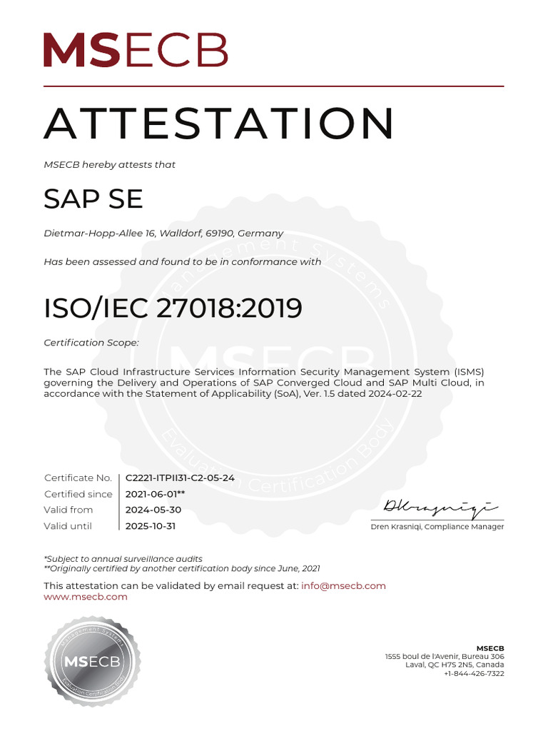 SAP ISO 27018 Certification Attestation | PDF