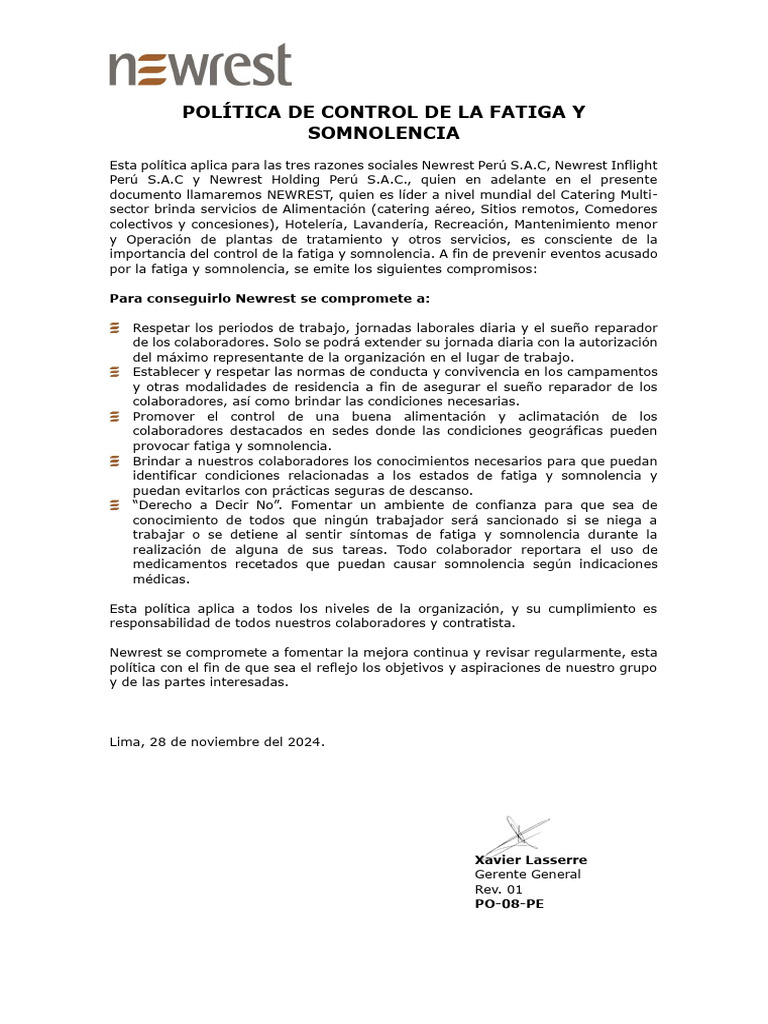 Política de Control de La Fatiga y Somnolencia | PDF