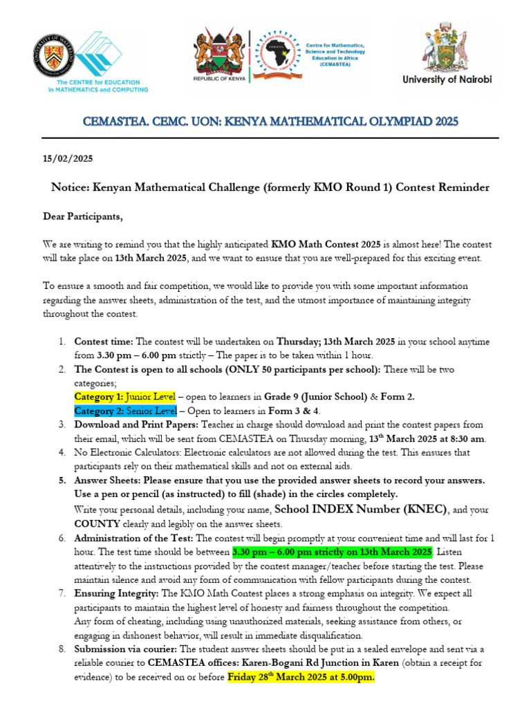 Kenya Mathematics Olympiad (Kmo) 2025 - March 09.03.2025 Instructions | PDF