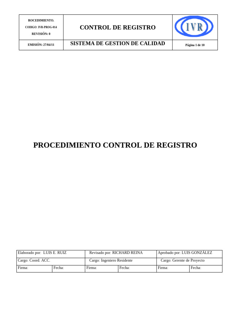 Ivr-Prog-014 Control de Registro | PDF | Sistema de manejo de calidad ...