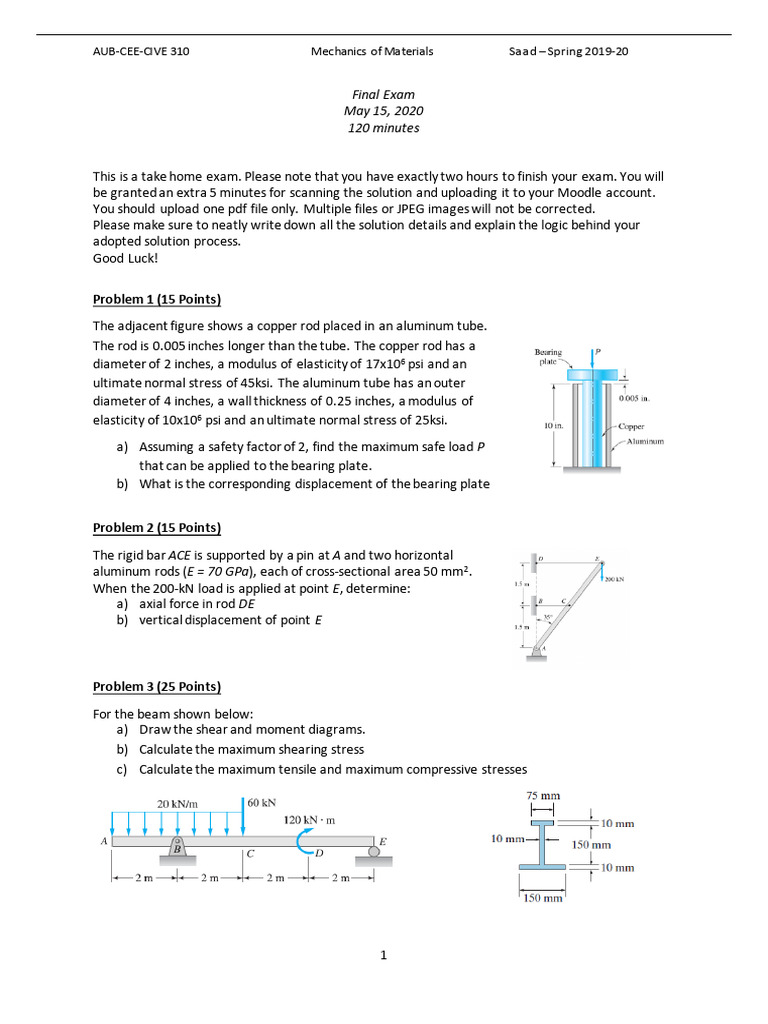 Mechanics of Materials Final Exam 2020 | PDF | Beam (Structure) | Bending