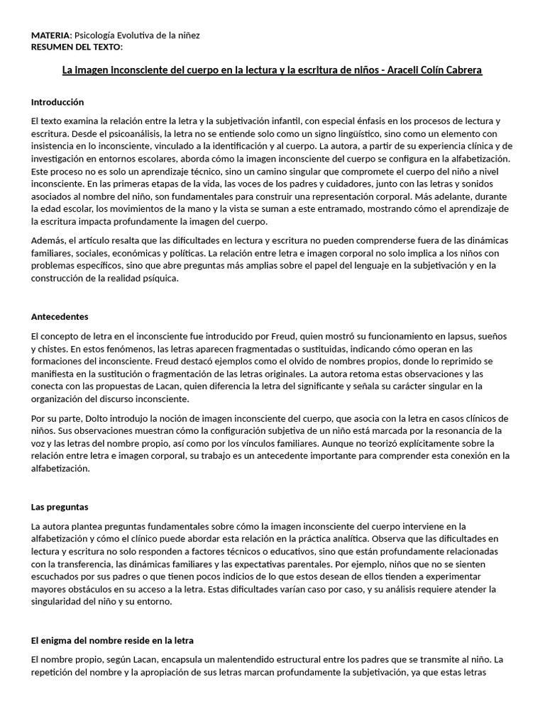 Resumen La Imagen Inconsciente Del Cuerpo en La Lectura y La Escritura ...