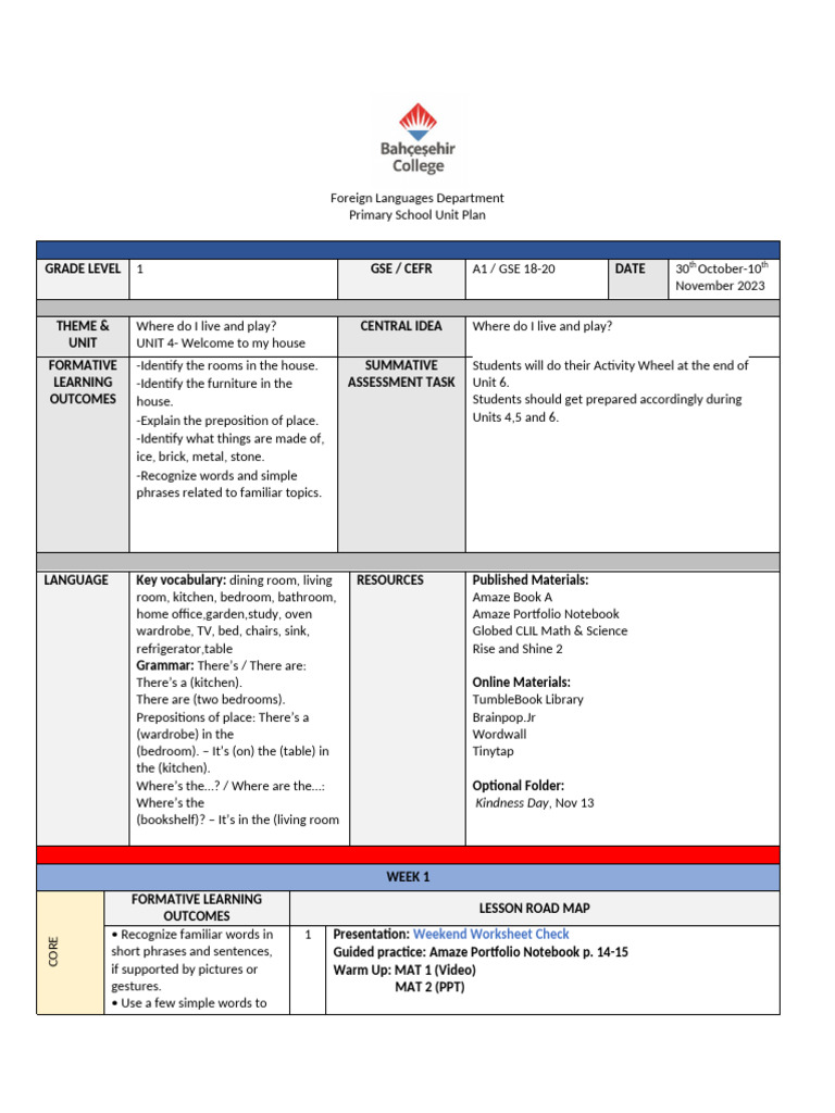Ade 1 Amaze 1 Book A Unit 4 Plan | PDF | Phonics | Mustafa Kemal Atatürk