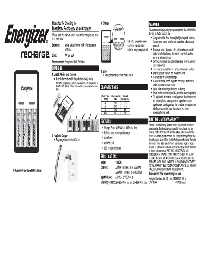 Energizer Battery Charger CHVCM3 | PDF