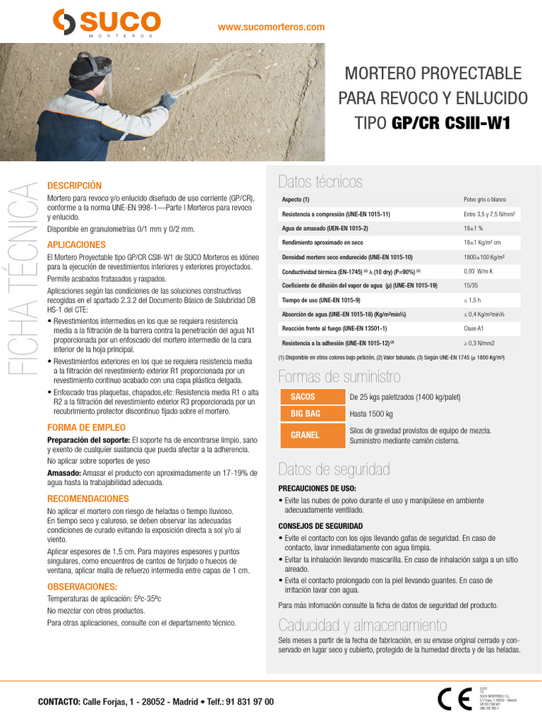 Mortero Proyectable GP/CR CSIII-W1 | PDF | Revestimiento | Agua