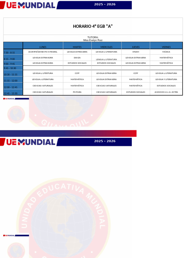 Horario de Clase 2025 Cuarto A-7841747662692 | PDF