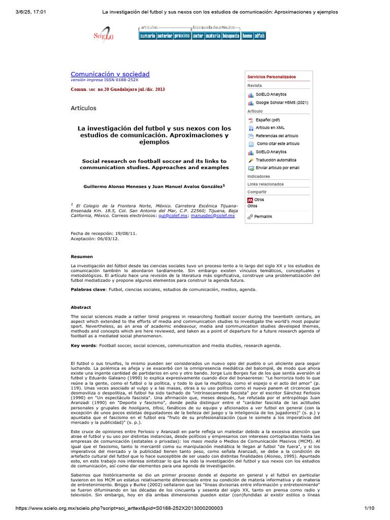 La Investigación Del Futbol y Sus Nexos Con Los Estudios de ...