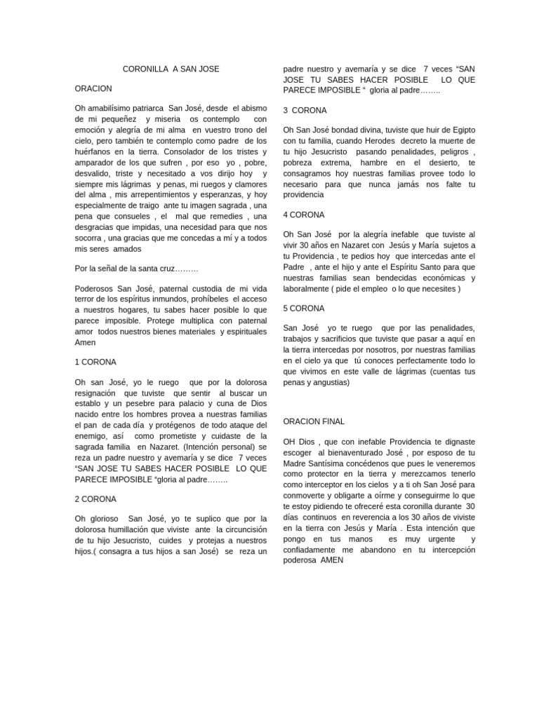 Coronilla a San José: Oraciones y Peticiones | PDF | María, madre de ...