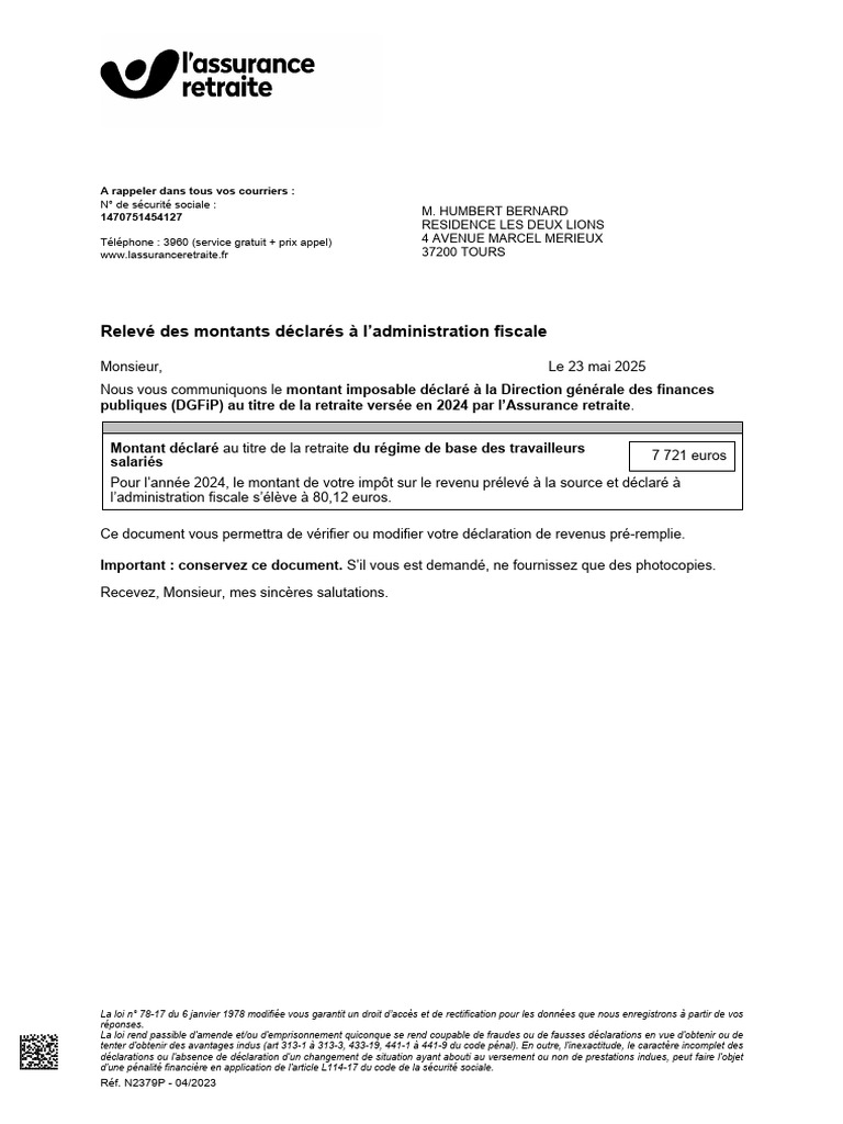 Montant de retraite 2024 déclaré | PDF | Impôt sur le revenu | Retraite