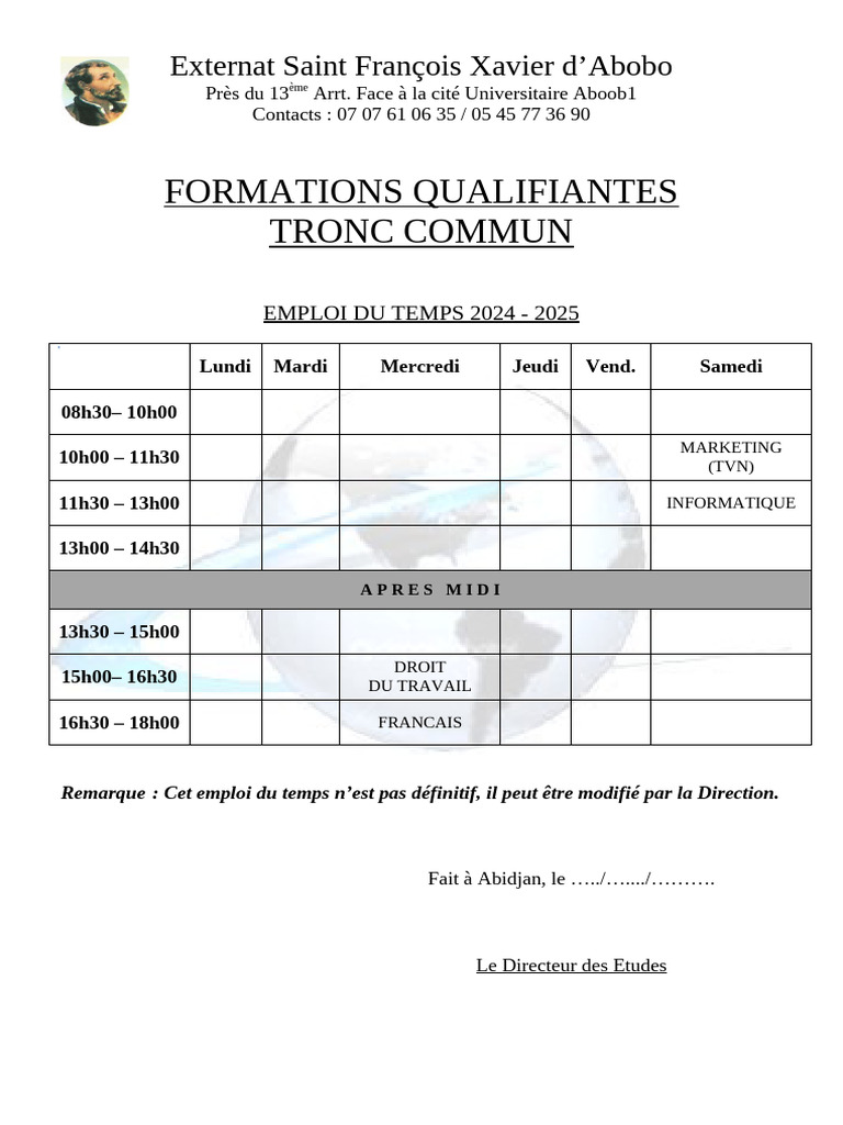 Emploi du Temps 2024-2025 Externat SFX | PDF
