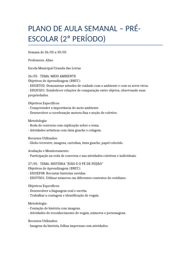 Plano de Aula Semanal para Pré-Escolar | PDF | Imagem | Aprendizado