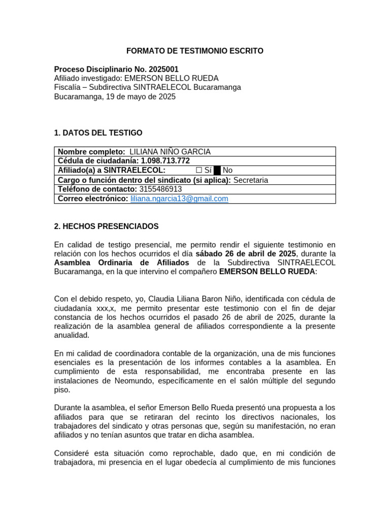 Testimonio de Liliana Niño sobre Asamblea SINTRAELECOL | PDF