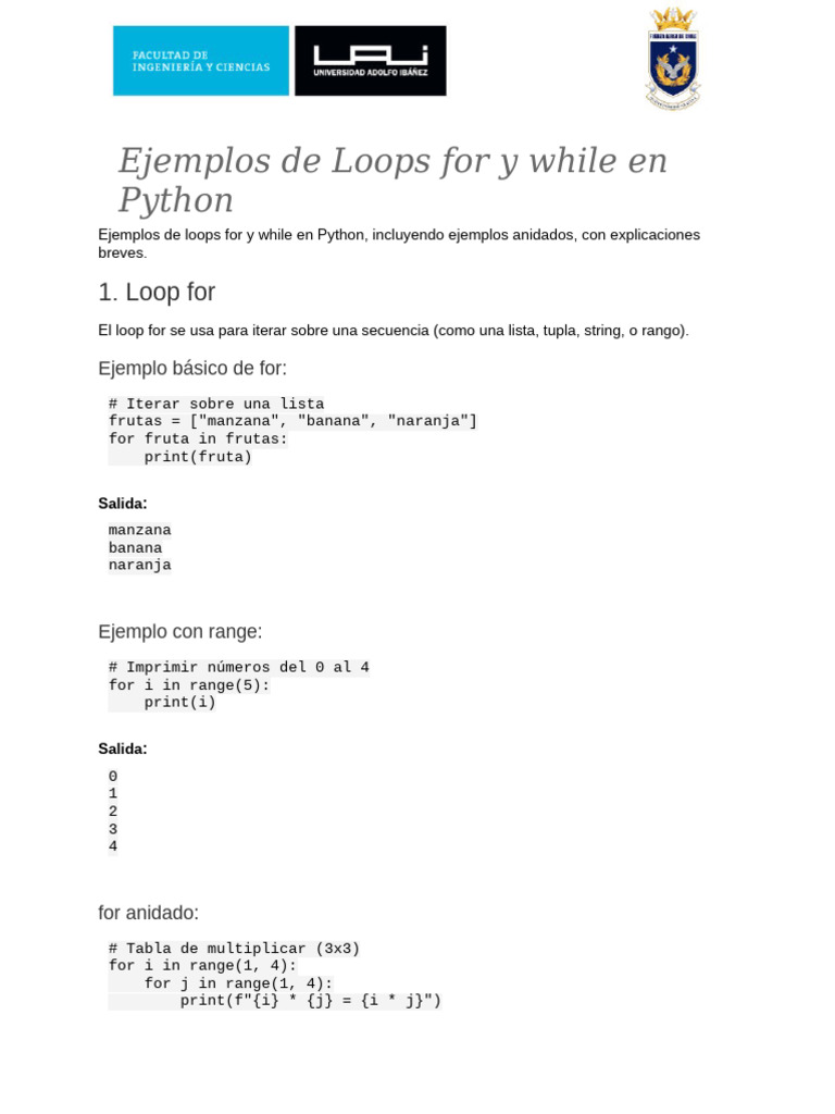 Ejemplos de Loops for y while en Python | PDF