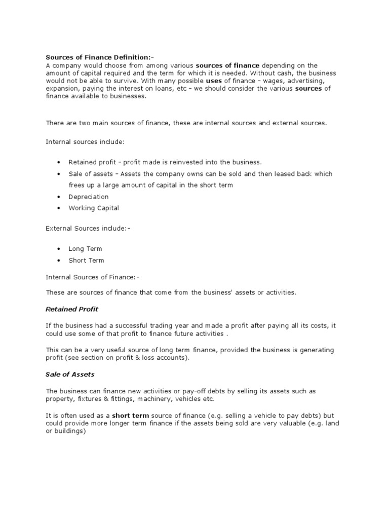 Sources Of Finance Definition Loans Dividend