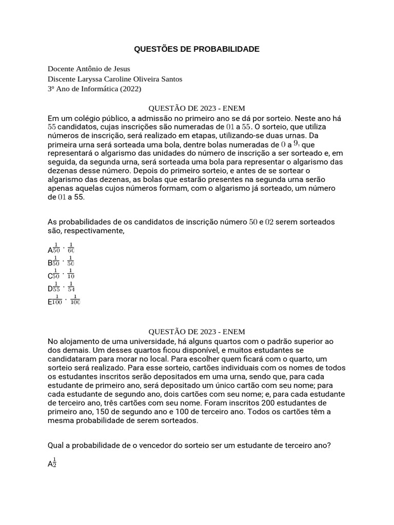 Probabilidade em Questões do ENEM | PDF