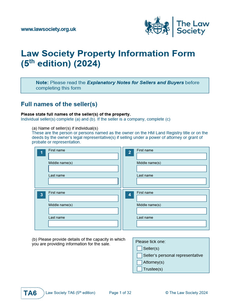 Law Society Property Information Form showing seller identification fields