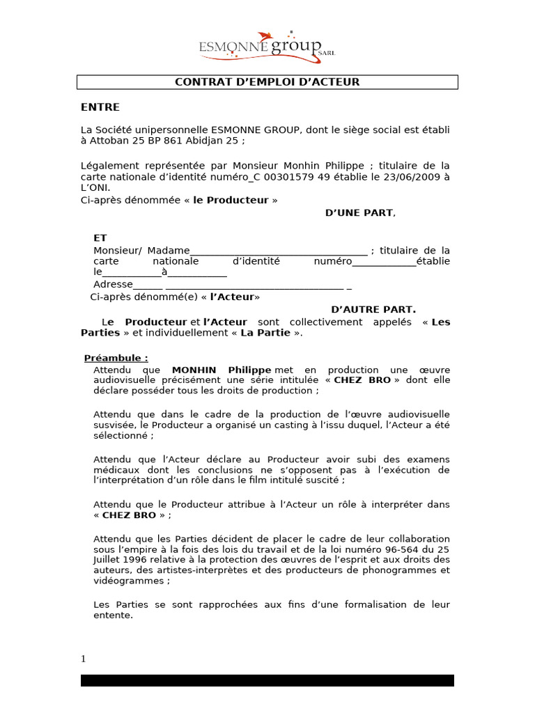 Contrat d'Emploi d'Acteur pour 