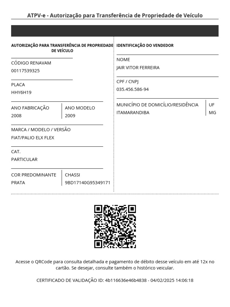 Autorização Transferência Veículo ATPV-e | PDF