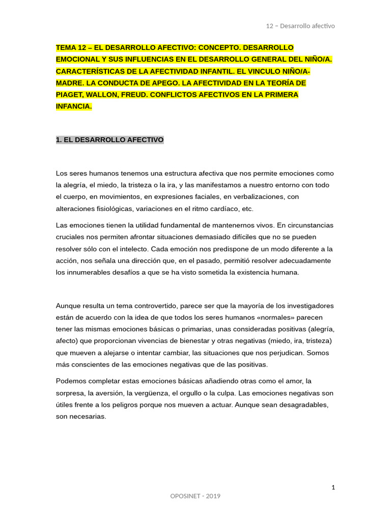 Desarrollo Afectivo en la Infancia | PDF | Teoría de apego | Las emociones