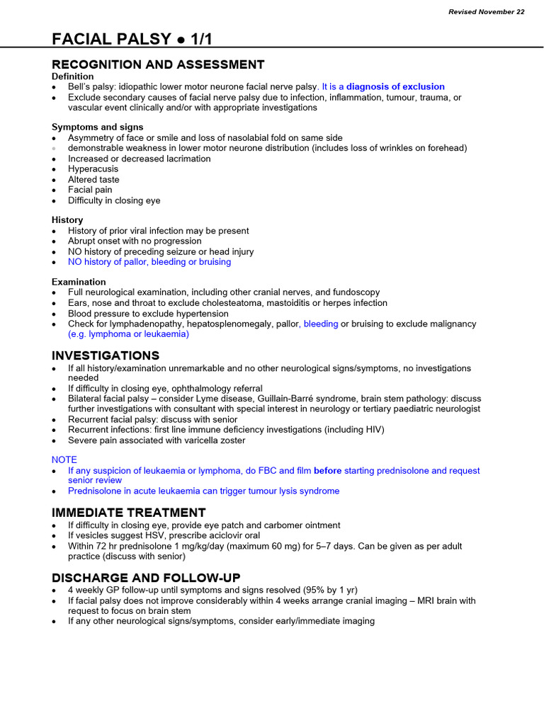 Facial Palsy 2022 24 Word PDF Revised Nov22 | PDF | Neurology ...