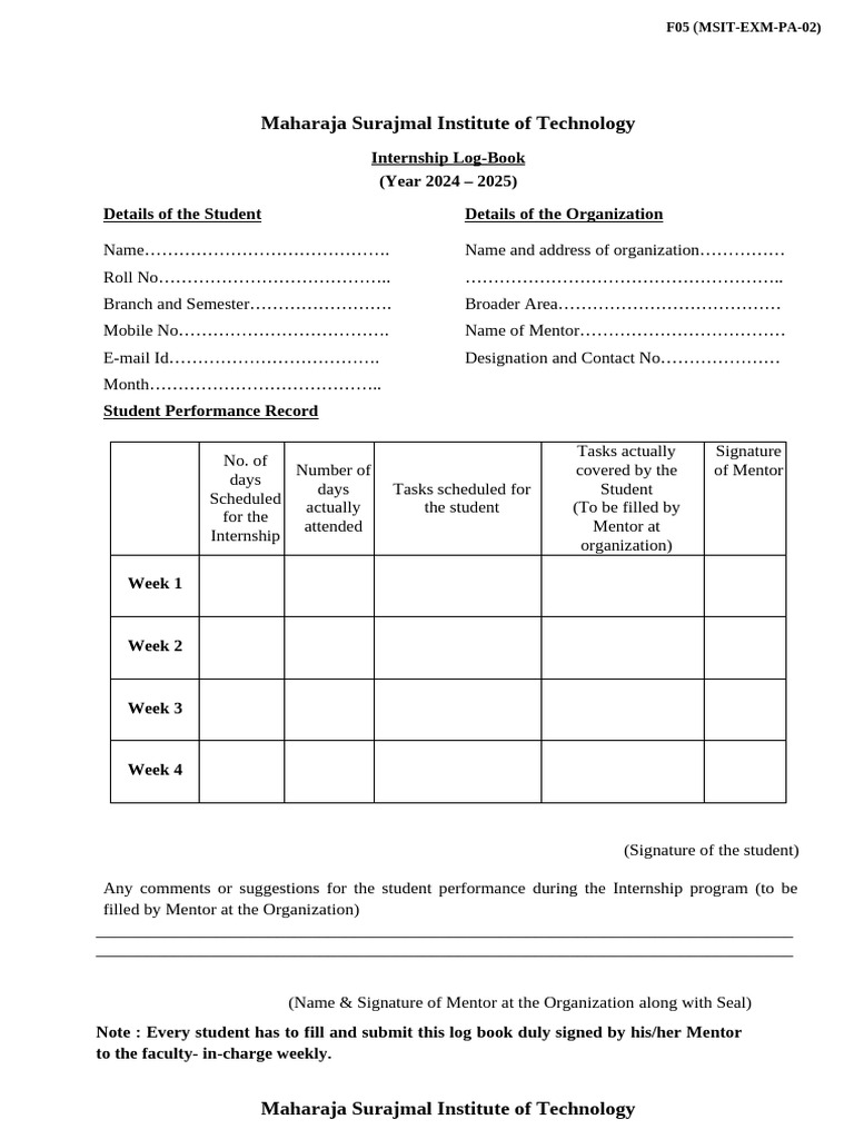 Student Log Book and Evaluation Record - Weekly | PDF | Thesis