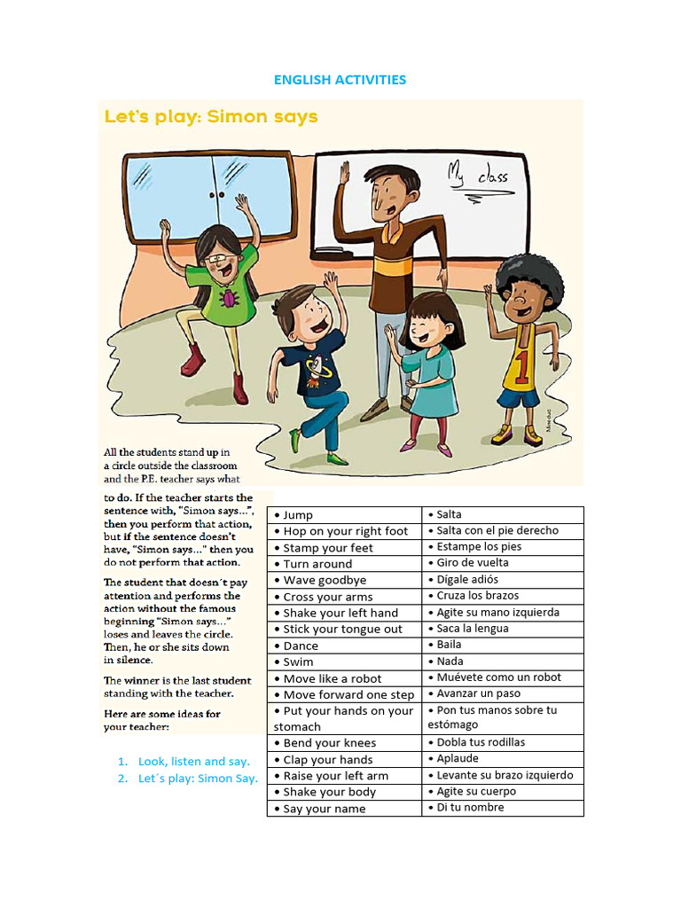 English Activities For 5TH-6TH-7TH Simon Say - 1 | PDF