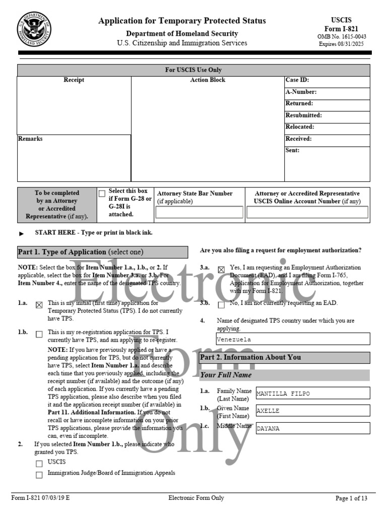 Electronic Form Only: Application For Temporary Protected Status | PDF ...