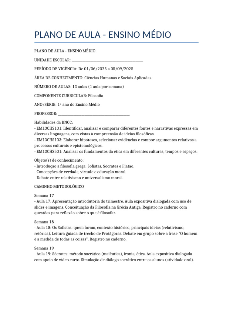 Plano de Aula de Filosofia - 1º Ano | PDF | Sócrates | Relativismo