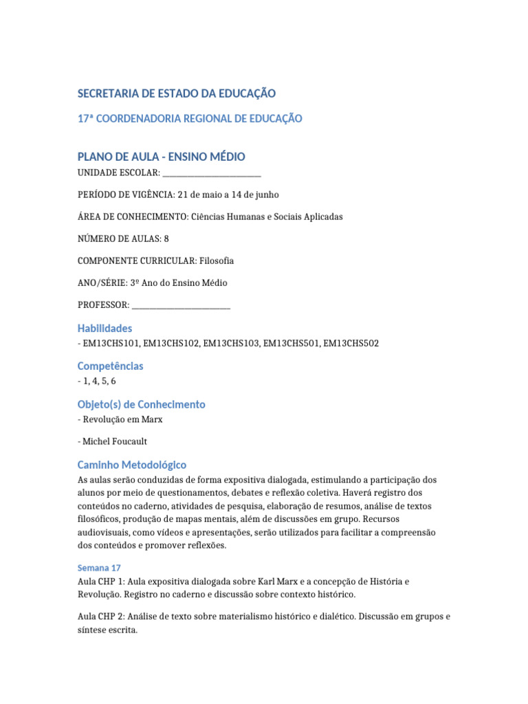 Plano de Aula de Filosofia para Ensino Médio | PDF | Lição | Karl Marx