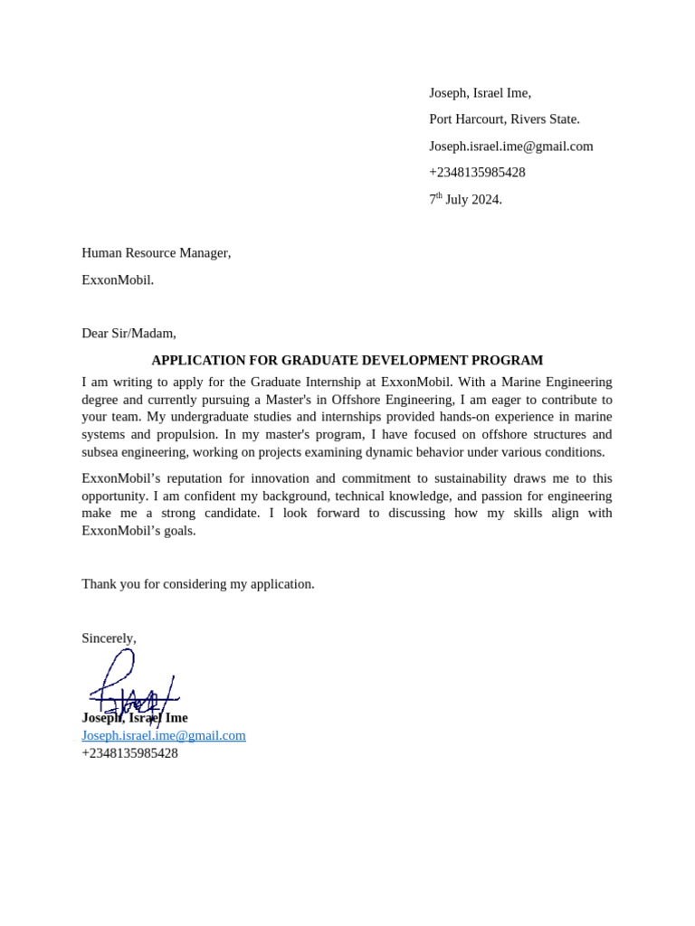 Graduate Internship Application at ExxonMobil | PDF