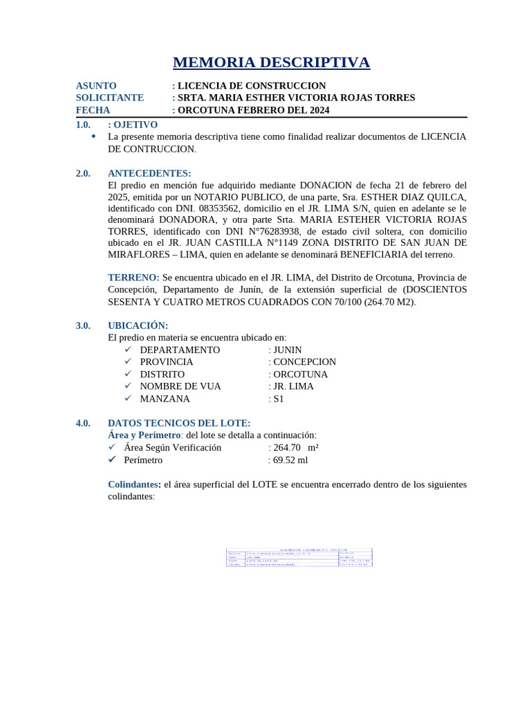 Memoria Lote 01-Srta. Maria Esther Victoria Rojas Torres | PDF