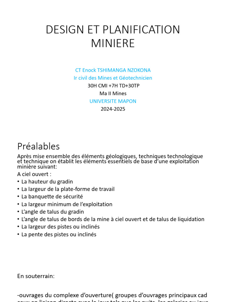 Design et Planification Minière 2024-2025 | PDF | Exploitation minière ...