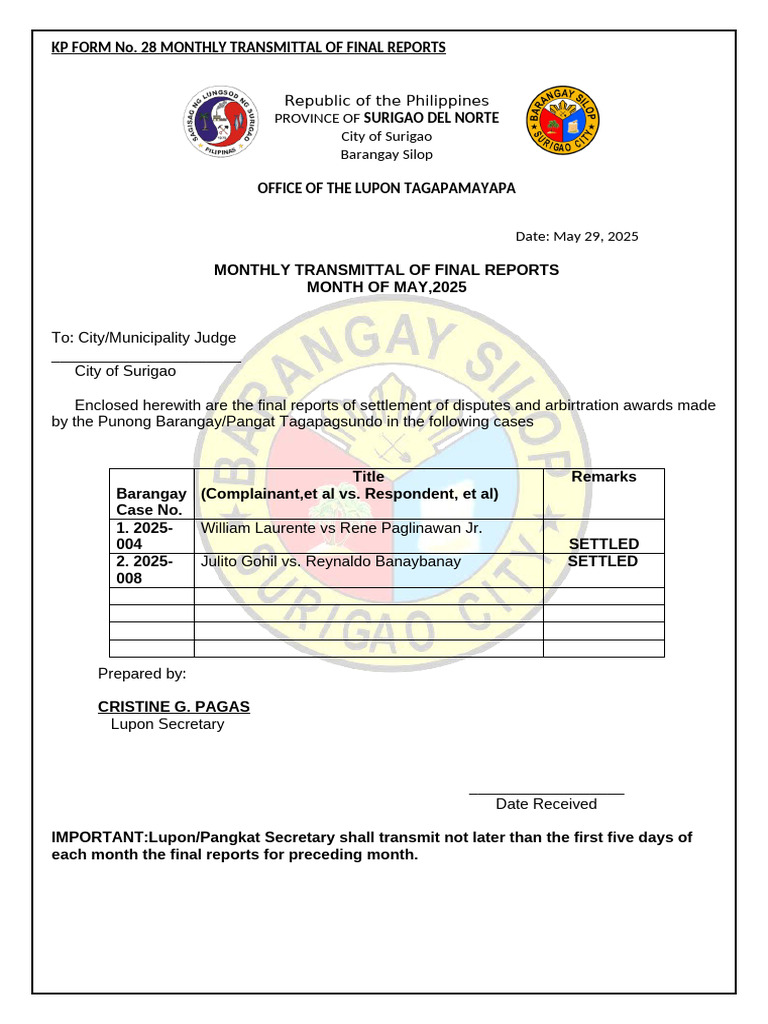 Monthly Report of Settled Cases | PDF