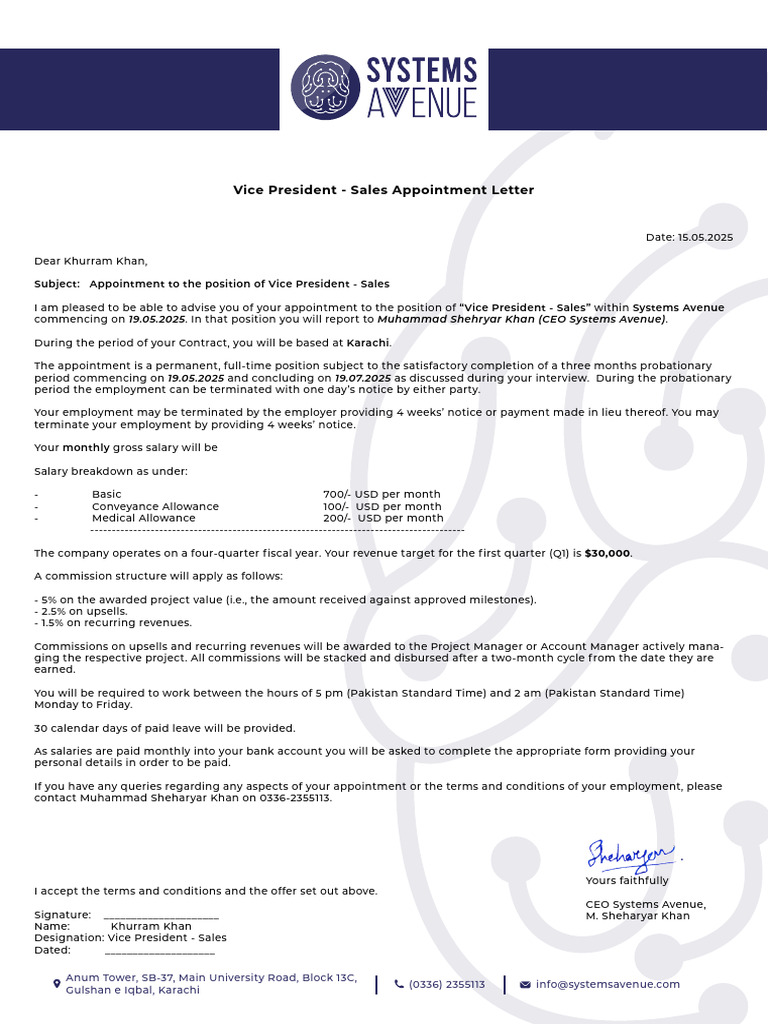 Vice President - Sales Appointment Letter | PDF | Salary | Employment