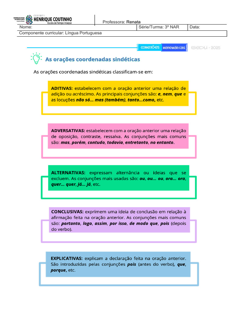 Orações Coordenadas Sindéticas e Assindéticas | PDF