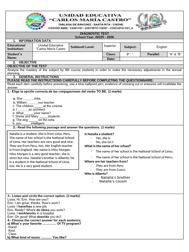 9th Grade English Diagnostic Test | PDF