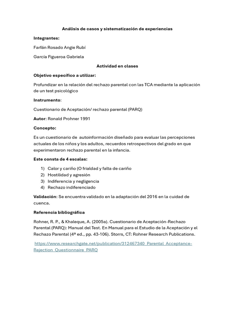 Rechazo parental y TCA: Análisis PARQ | PDF