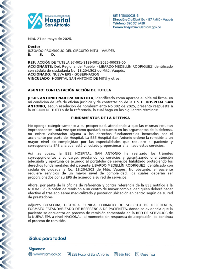 Contestación a Acción de Tutela en Mitú | PDF | Cuidado de la salud ...