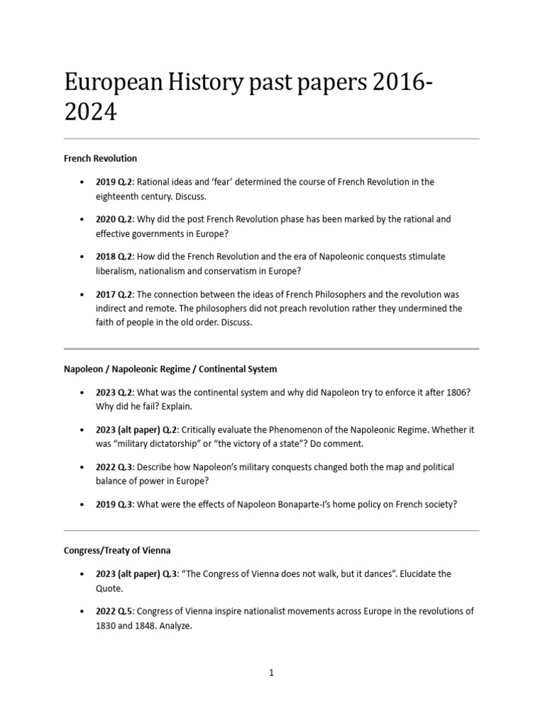 European History Past Papers 2016-2024 | PDF | Cold War | German Empire