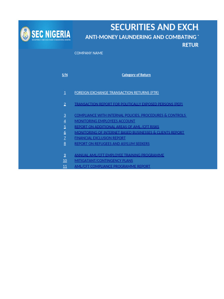 Template For The Rendition of Aml CFT Returnsconsolidated Grid 26 July ...