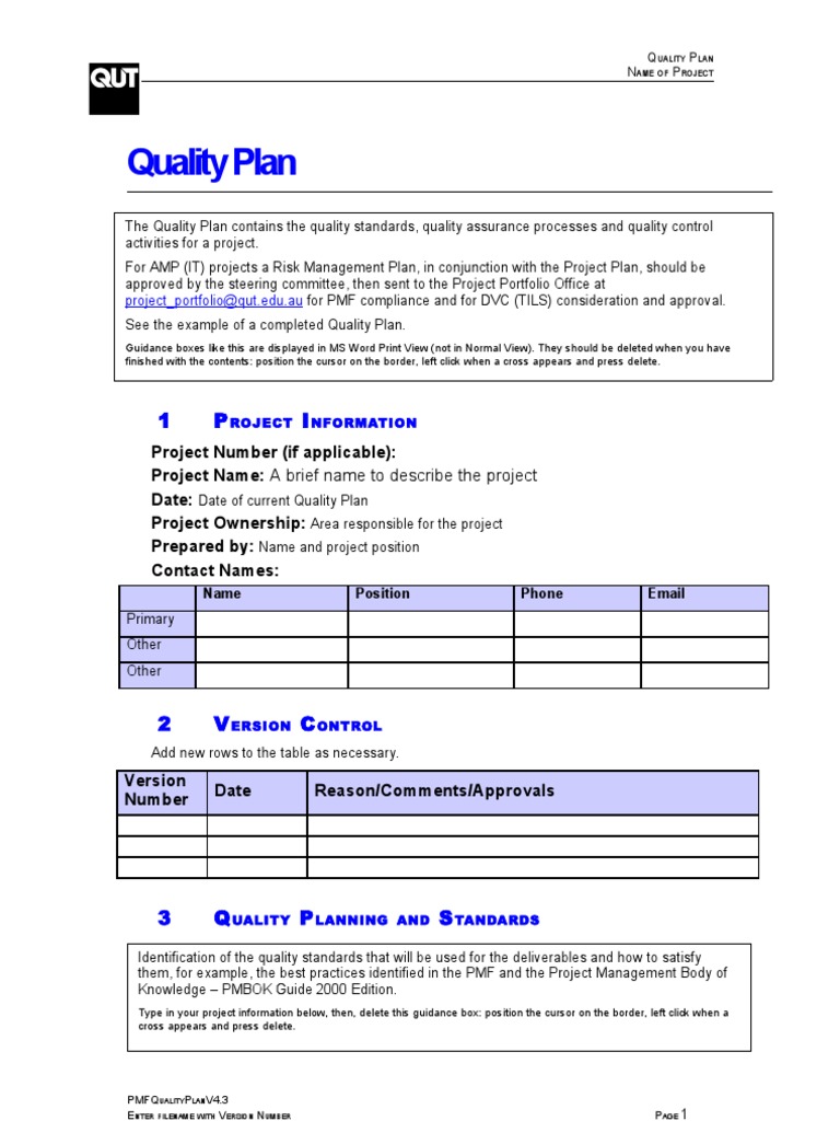 Quality Control Plan Template Free