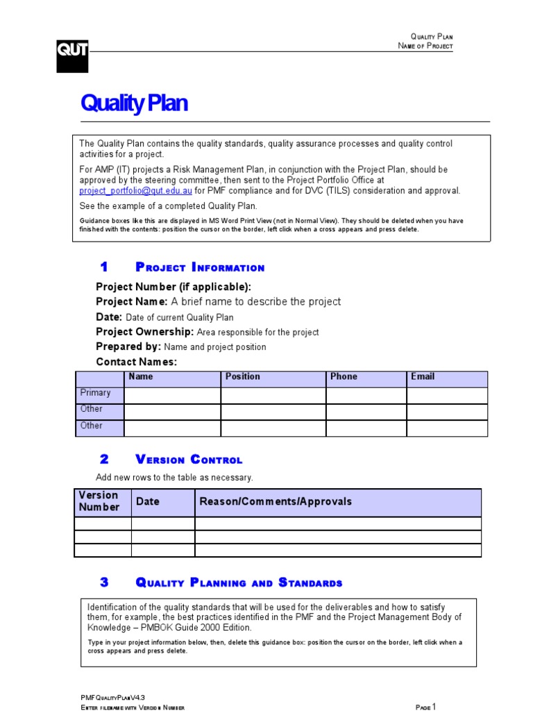 Quality Plan Template 000 | Risk Management | Computing